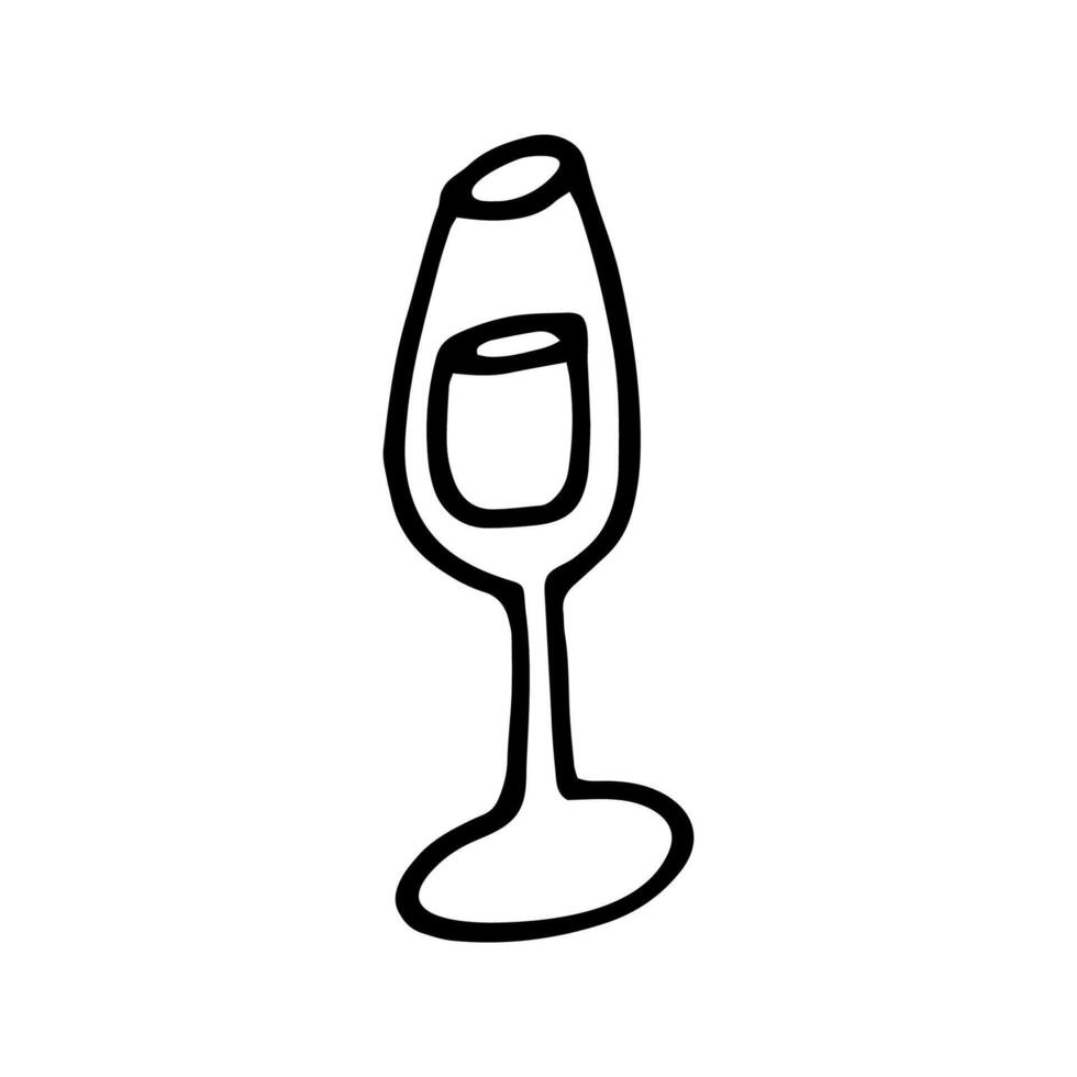 Single hand drawn glasses of champagne, wine for Xmas, or Valentine's day, marriage, proposal. For greeting cards and seasonal design. Doodle illustration isolated on white background. vector