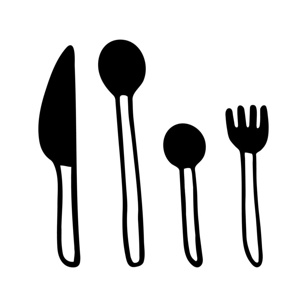 Set of cutlery in hand drawn doodle style. illustration of knife, fork and spoon. Isolated on white background vector