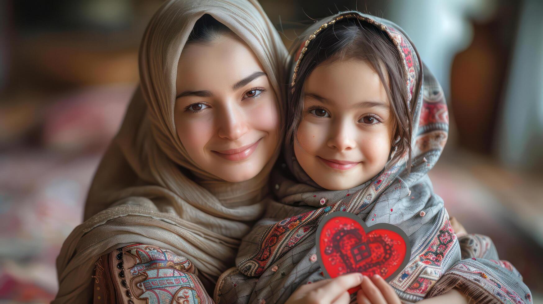 A woman and a child are holding a red heart photo