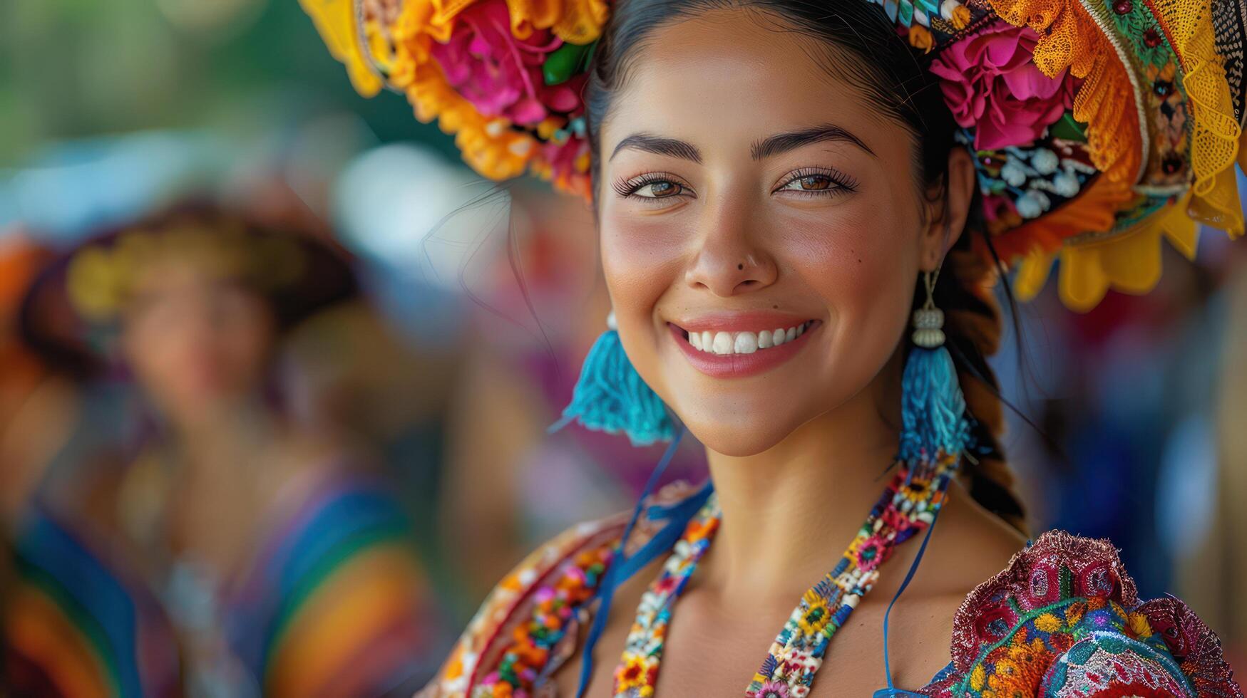 A Women in traditional clothing perform at a Hispanic Heritage Month event. sing passionately photo