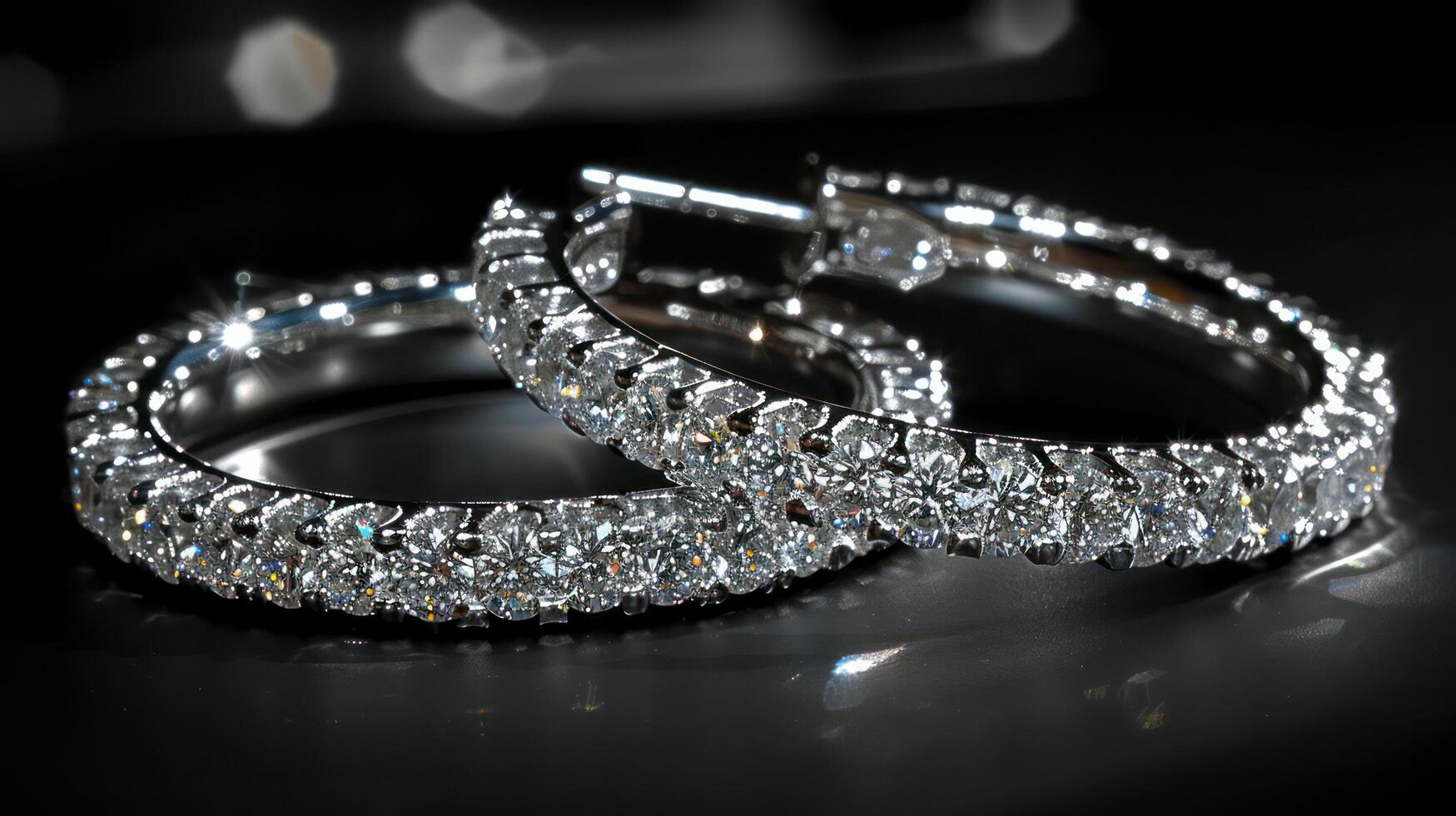 A pair of diamond hoop earrings, elegantly displayed against a dark backdrop. photo