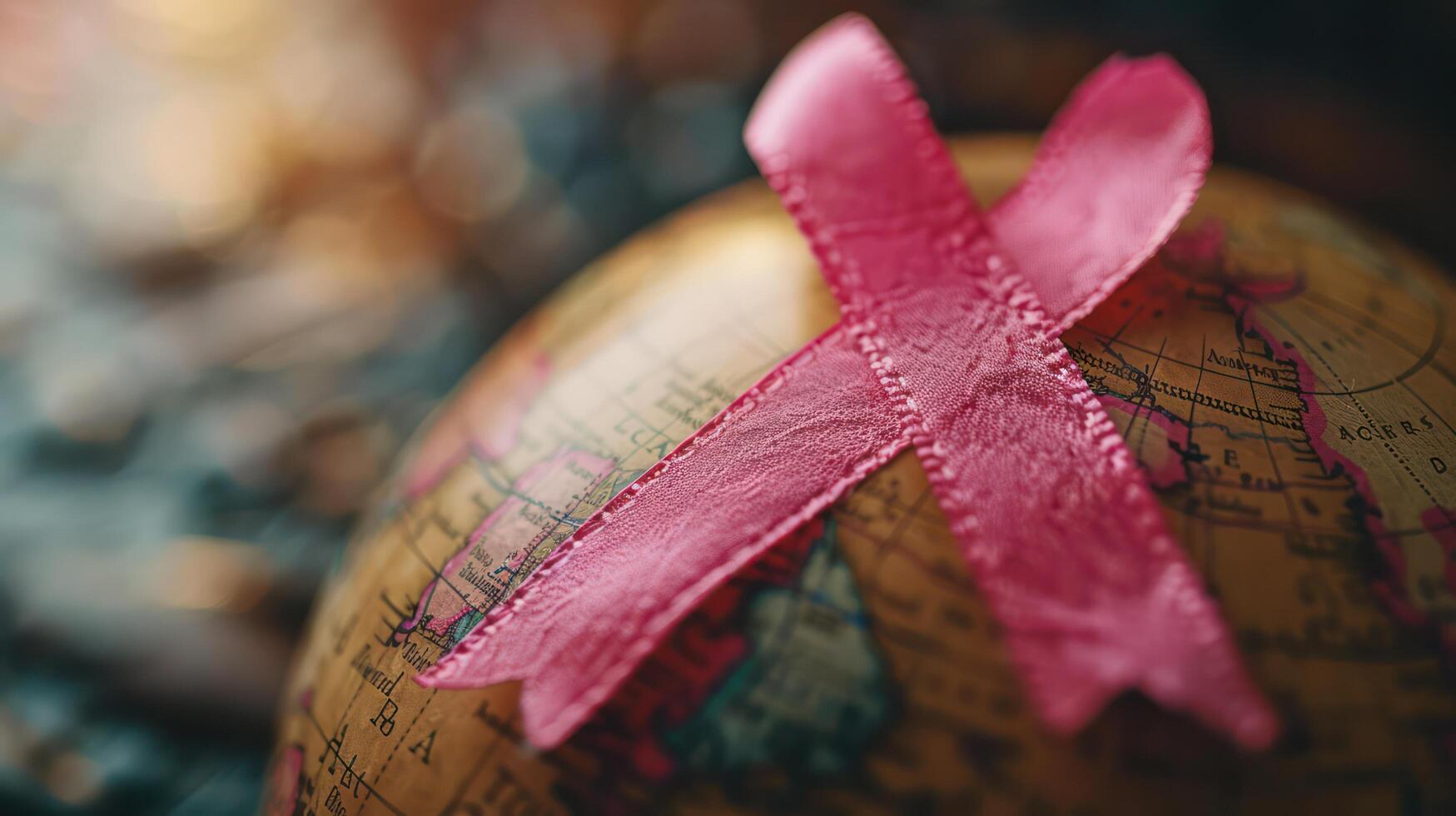 A close-up of a pink ribbon on a globe, symbolizing global unity in the fight against breast cancer. photo