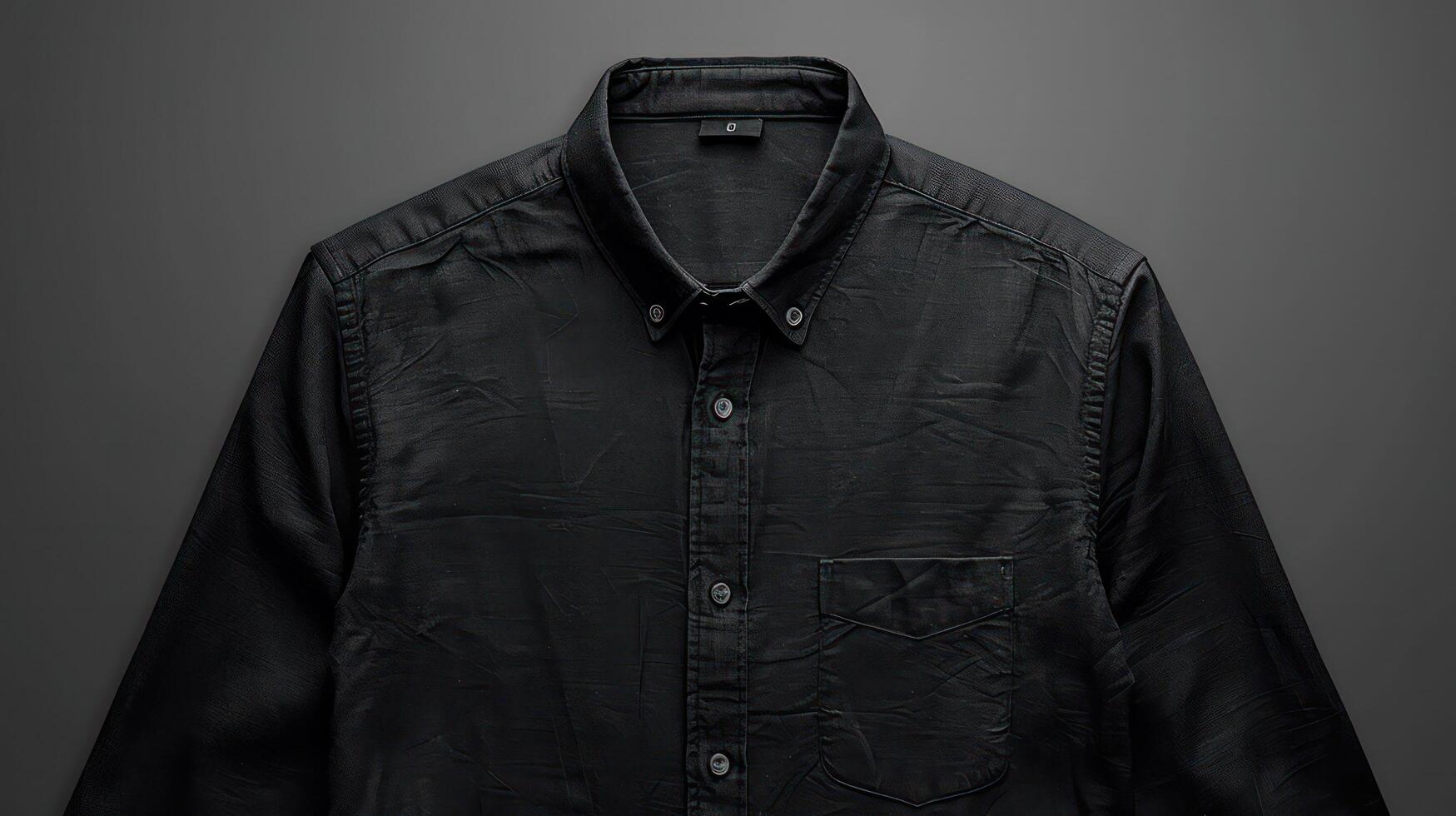 Close-up of a simple black shirt. By emphasizing details on the front contrasting with the white background. photo