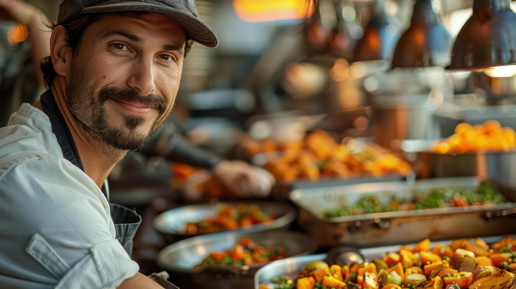 A chef in a bustling kitchen, preparing a meal with precision, representing the hard work of culinary professionals on Labor Day. photo