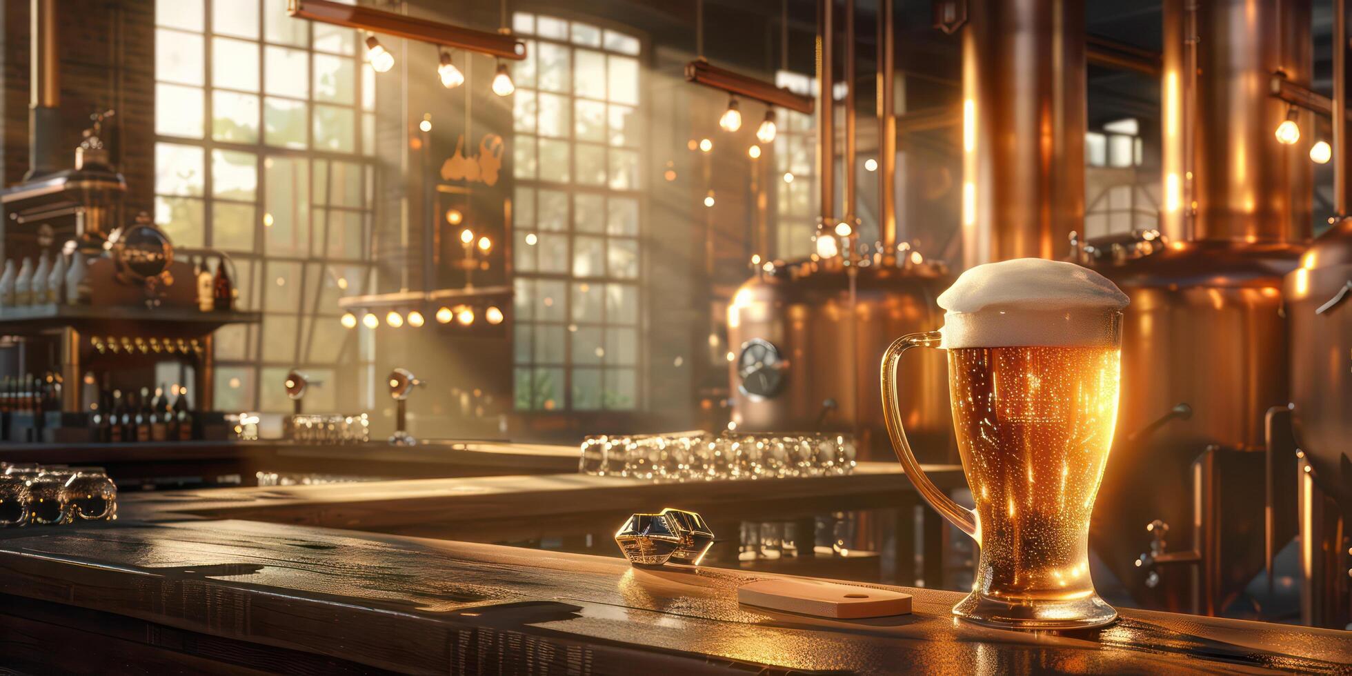 Modern brewery with tanks and copper pipes In the foreground is a bar with large beer glasses. photo