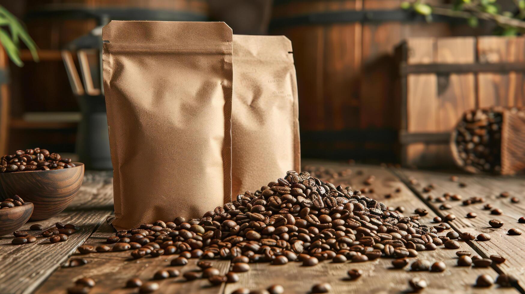 Two coffee bags for simulating coffee beans, earth tones, on a wooden table. photo