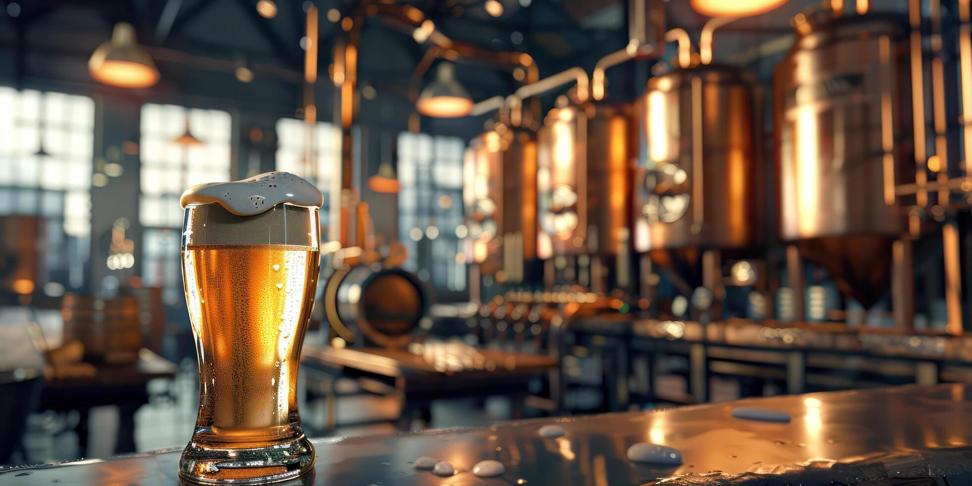 Modern brewery with tanks and copper pipes In the foreground is a bar with large beer glasses. photo