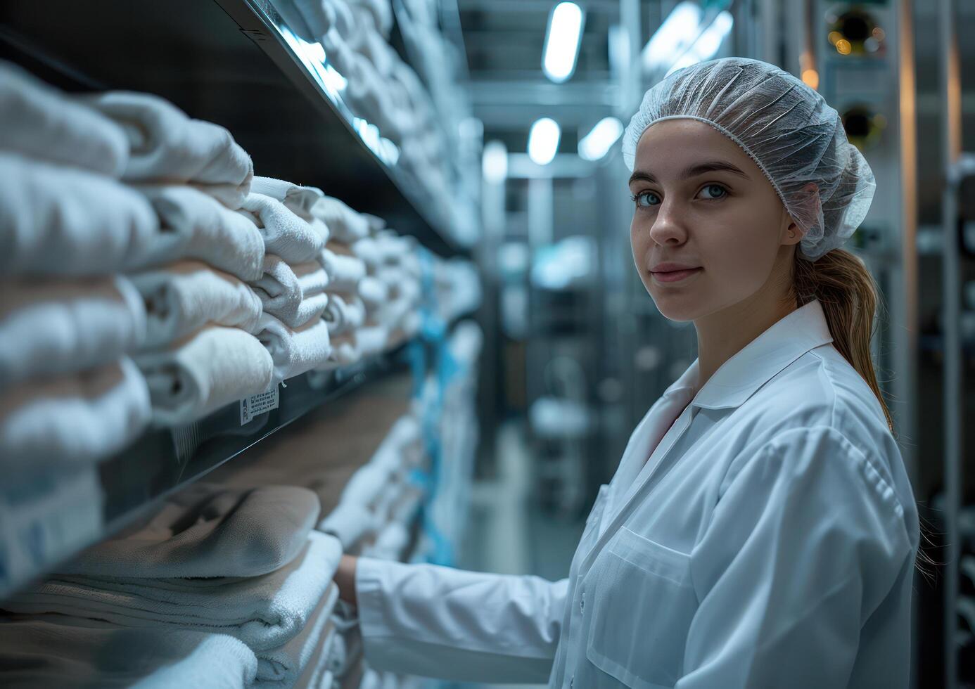 Health inspectors wear lab coats and hairnets. Clean and folded uniforms are being inspected in the laundry room of a food processing plant. photo