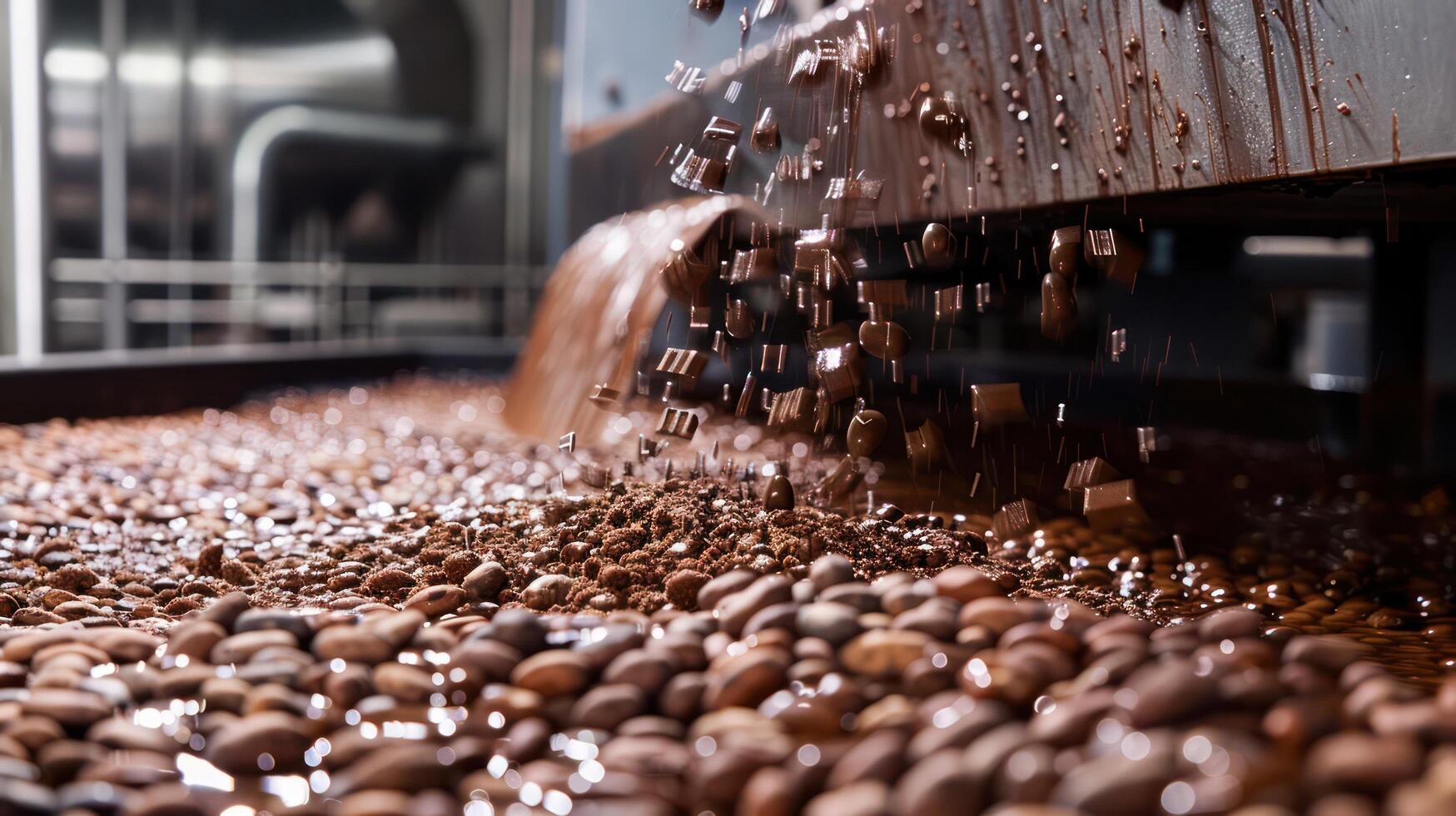 Chocolate waterfall falls on beans in factory photo