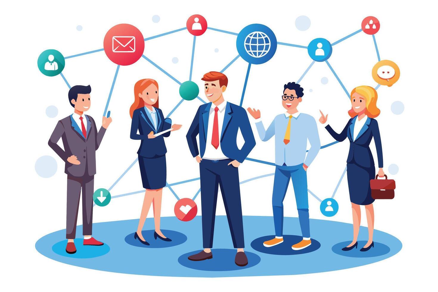 A group of four business professionals stand in front of a network of interconnected icons representing communication, collaboration, and global reach. vector