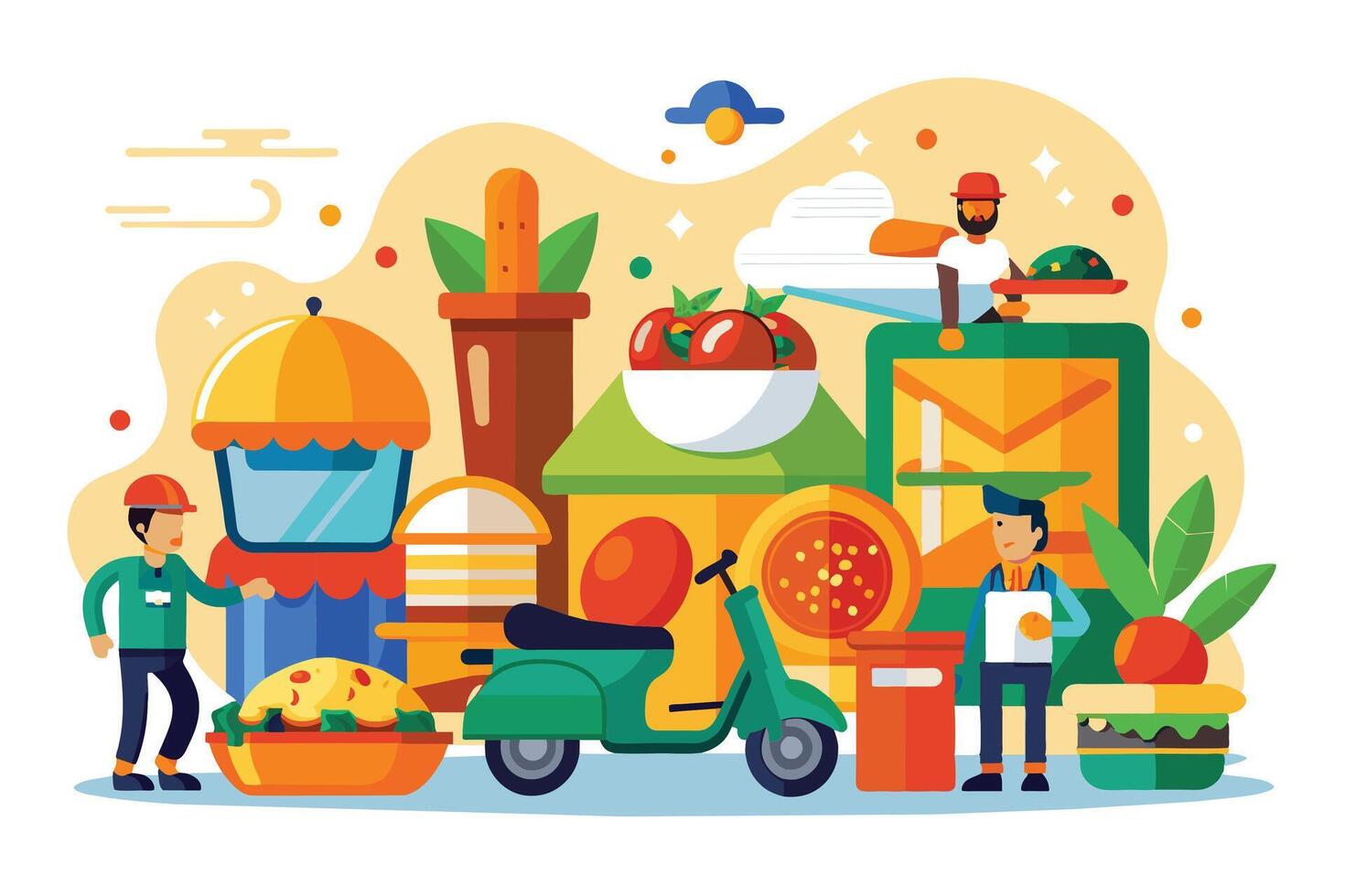 An illustration of food delivery service workers using a scooter and ordering food online. vector