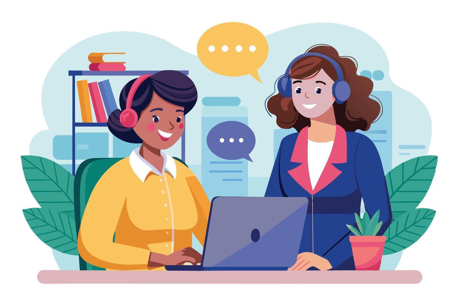 Two women, one with black hair and one with brown hair, are collaborating on a laptop in an office. They are both smiling and wearing headsets while working together. vector
