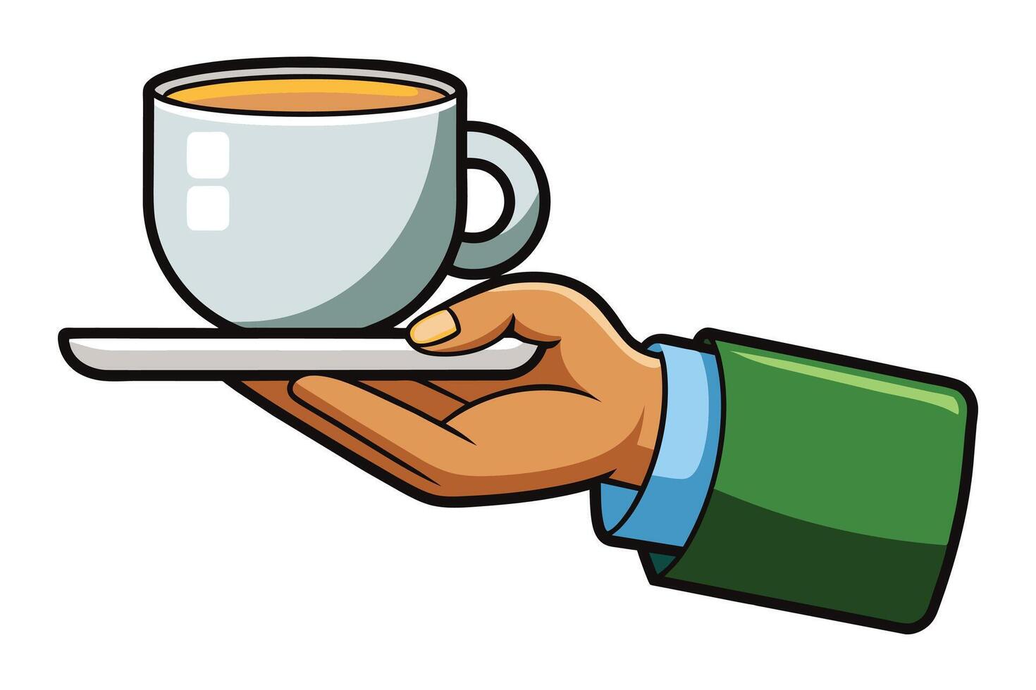 A cartoon illustration of a hand serving a cup of coffee on a saucer. The hand is wearing a green sleeve and a blue cuff. vector
