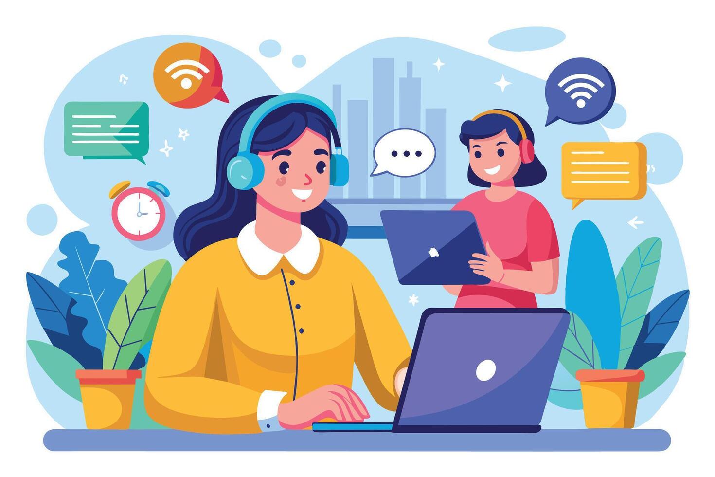 A woman wearing a headset smiles while working on her laptop at home. She has a second screen next to her and is surrounded by plants and wifi icons. vector