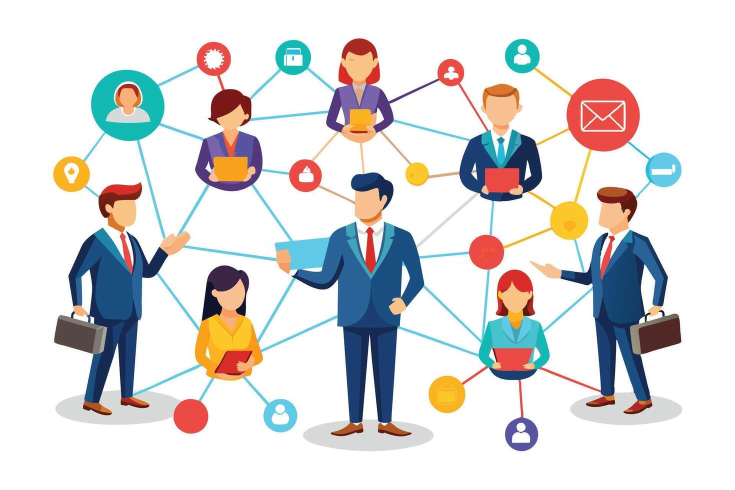 A varied team of professionals connect through a colorful network, communicating and collaborating via different channels, reflecting strong teamwork. vector