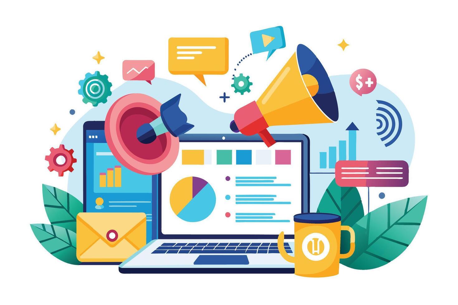 An illustration depicting a digital marketing strategy, featuring a laptop, megaphone, charts, and other digital marketing elements. vector