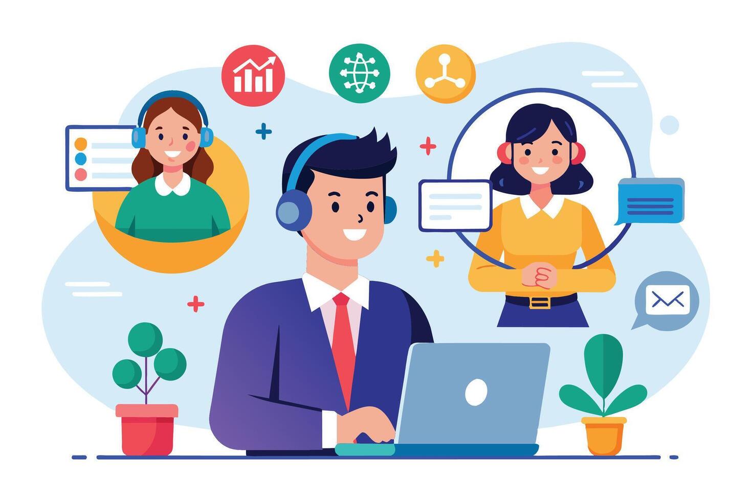 An illustration of a customer service representative using a laptop to communicate with clients online. The representative is smiling and appears to be helping the clients. vector