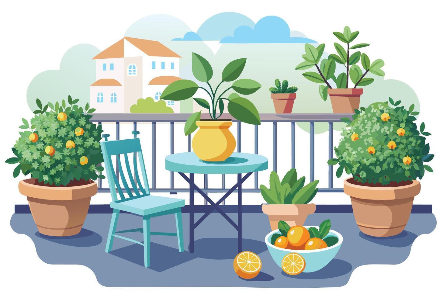 A cheerful illustration of a balcony decorated with potted plants, a small table and chair, and citrus fruits. vector