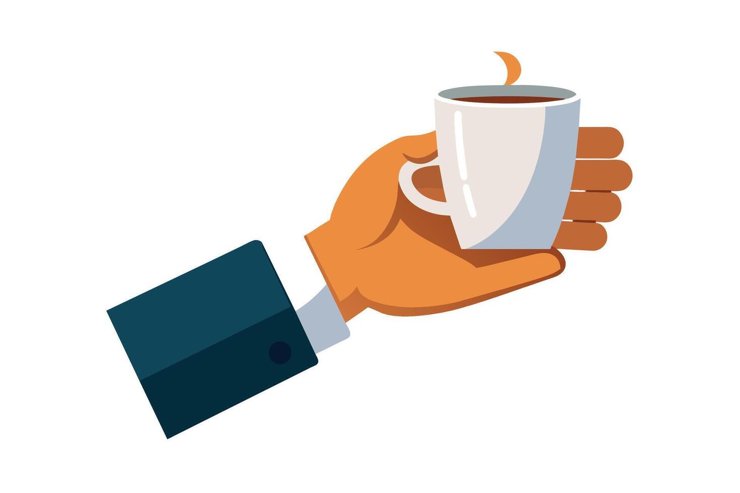 A hand wearing a suit sleeve is holding a white coffee cup with steam coming from it. vector