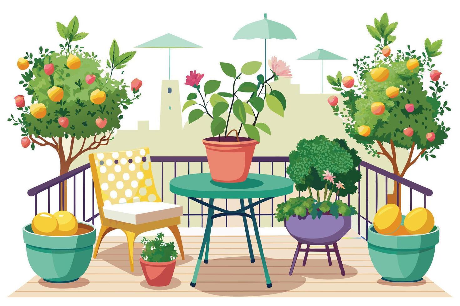 A cartoon illustration of a balcony garden with several plants, flowers, a table with a chair, and an umbrella. vector