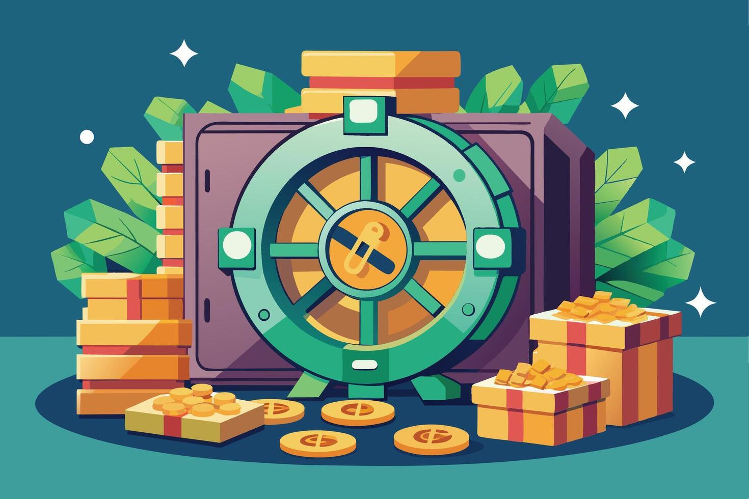A cartoon illustration featuring a large green vault door with stacks of gold coins and wrapped gifts, surrounded by green leaves and a starry blue background. vector