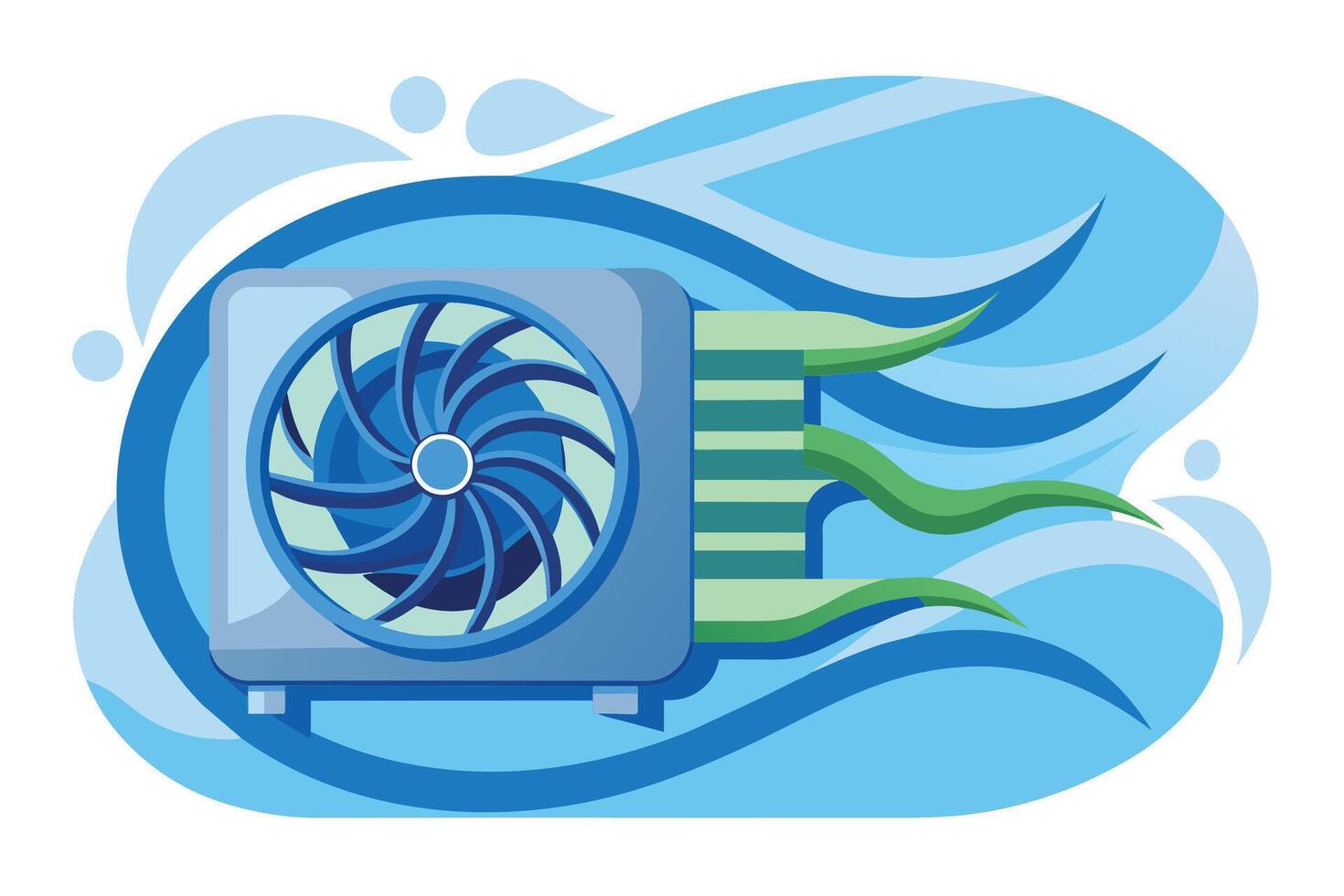 An illustration of a blue air conditioner fan with green air flowing out of it. The background is blue with white stripes. vector