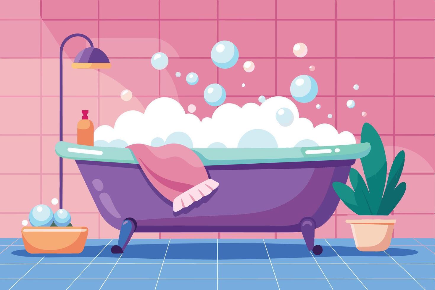 A cartoon illustration depicting a bathtub filled with soapy bubbles, a pink towel, and a small potted plant in a pink tiled bathroom. vector