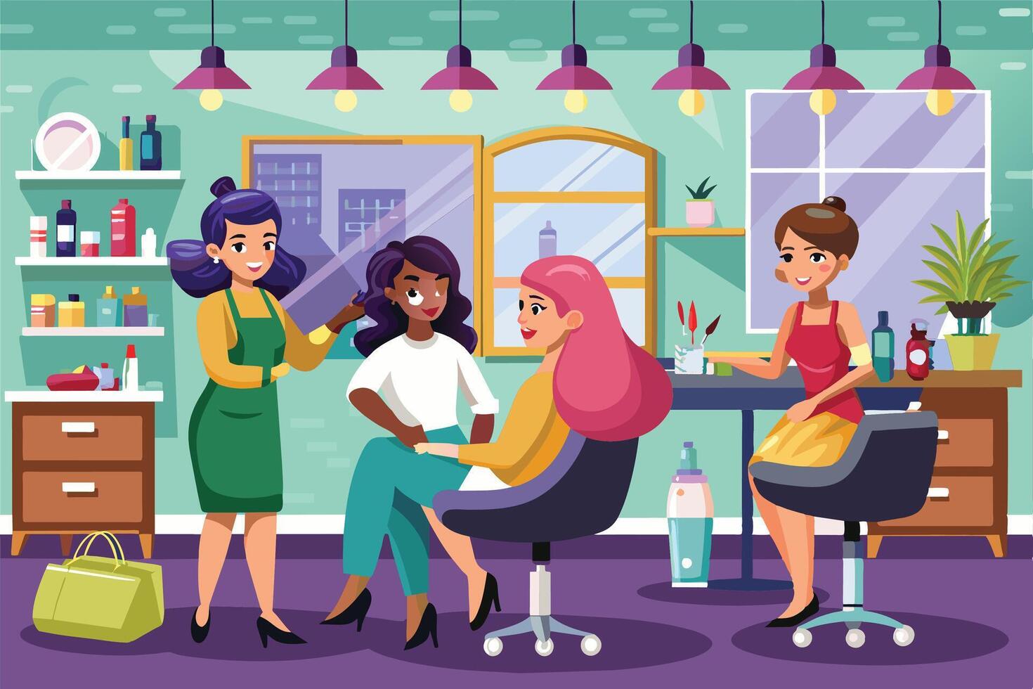 A group of women are enjoying a day at the beauty salon, getting their hair done and chatting. vector