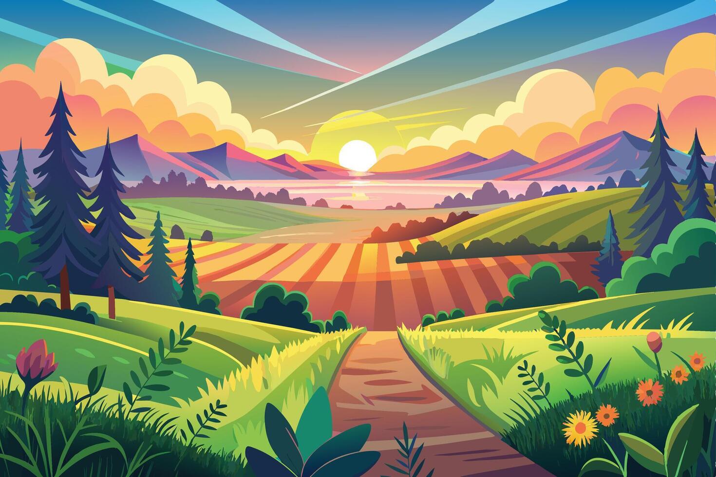 A digital illustration depicting a peaceful scene with a winding path through a lush green valley, framed by a vibrant sunset over rolling hills and a calm lake. vector