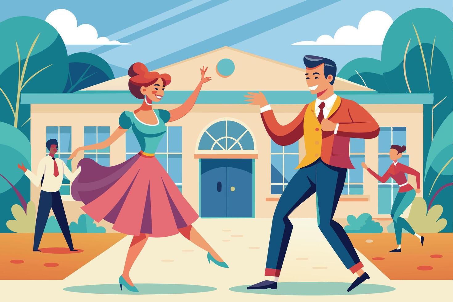 A happy couple dances in front of a building on a sunny day. A man in a red jacket and a woman in a pink skirt are smiling and having fun. vector