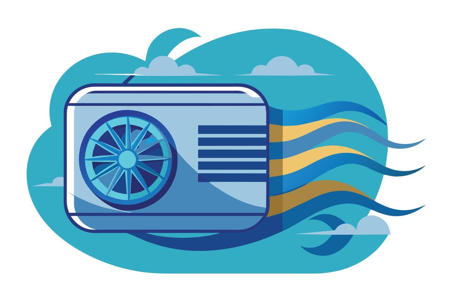 A cartoon illustration of an air conditioner unit with a spinning fan blowing cool air on a sunny day. vector