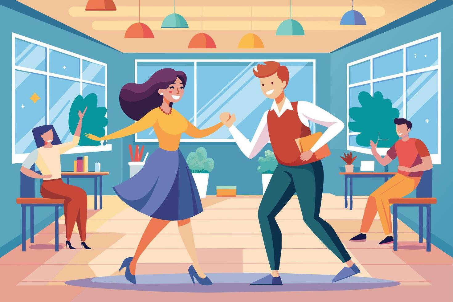 A cartoon illustration depicting a happy couple dancing in an office break room during lunchtime. Other coworkers watch from nearby tables. vector