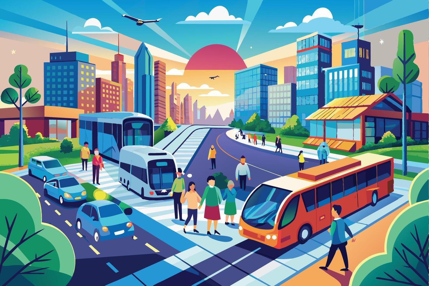 A city street at sunset is filled with people walking and driving cars. There are tall buildings, buses, and trees in the background. vector