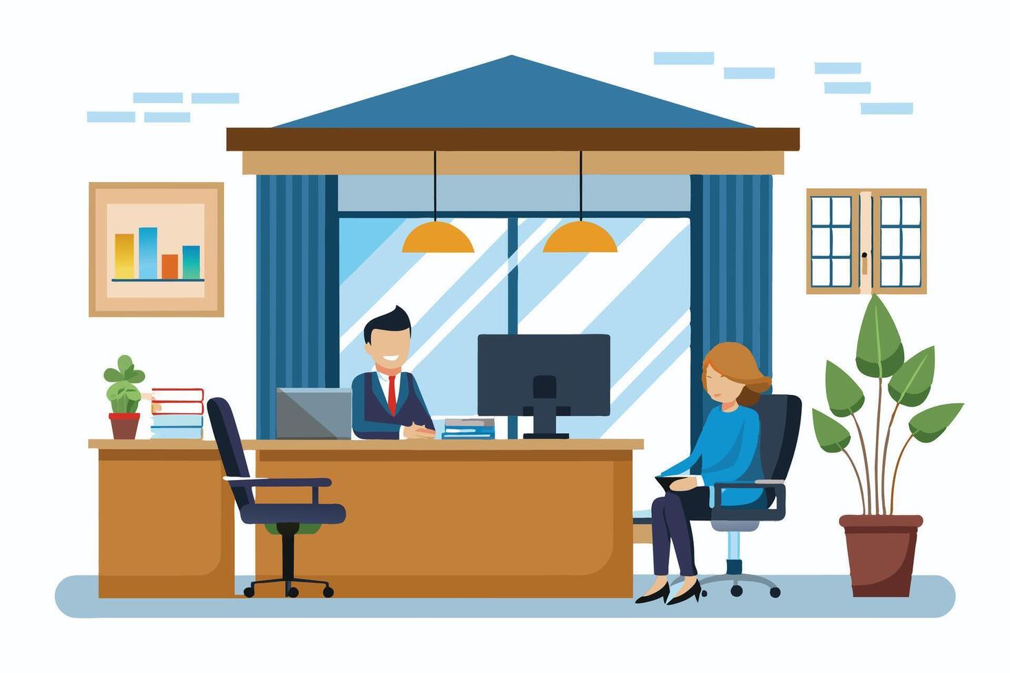 A cartoon image depicting a businessman and woman meeting in a modern office space, with a desk, computer, and plants. vector