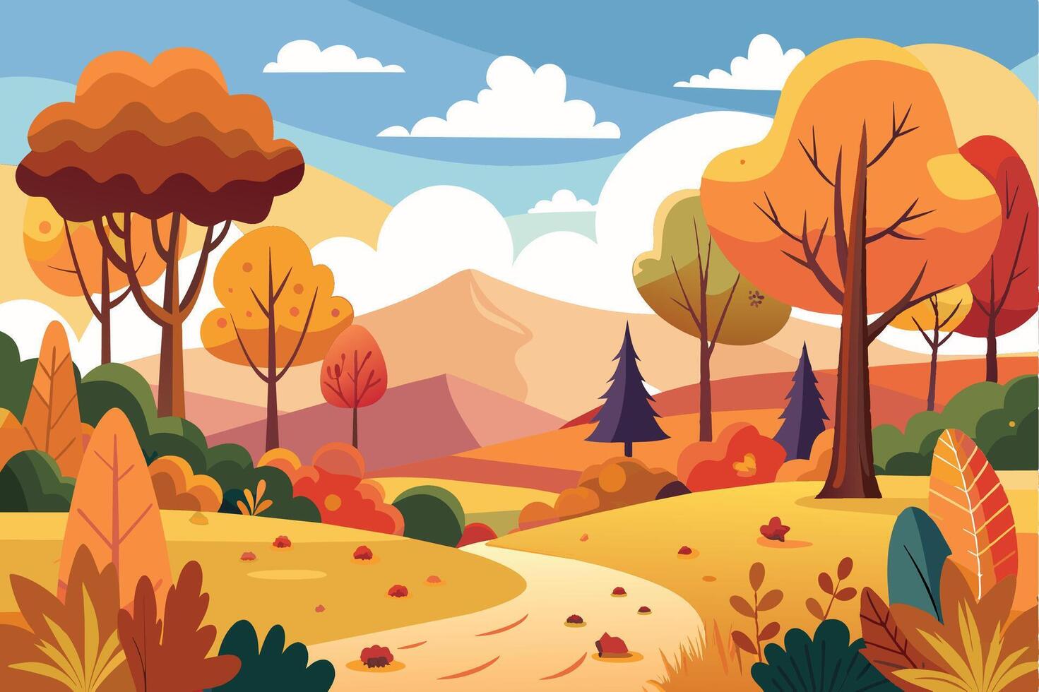 A picturesque digital illustration of an autumnal forest path with colorful trees and a winding trail. vector