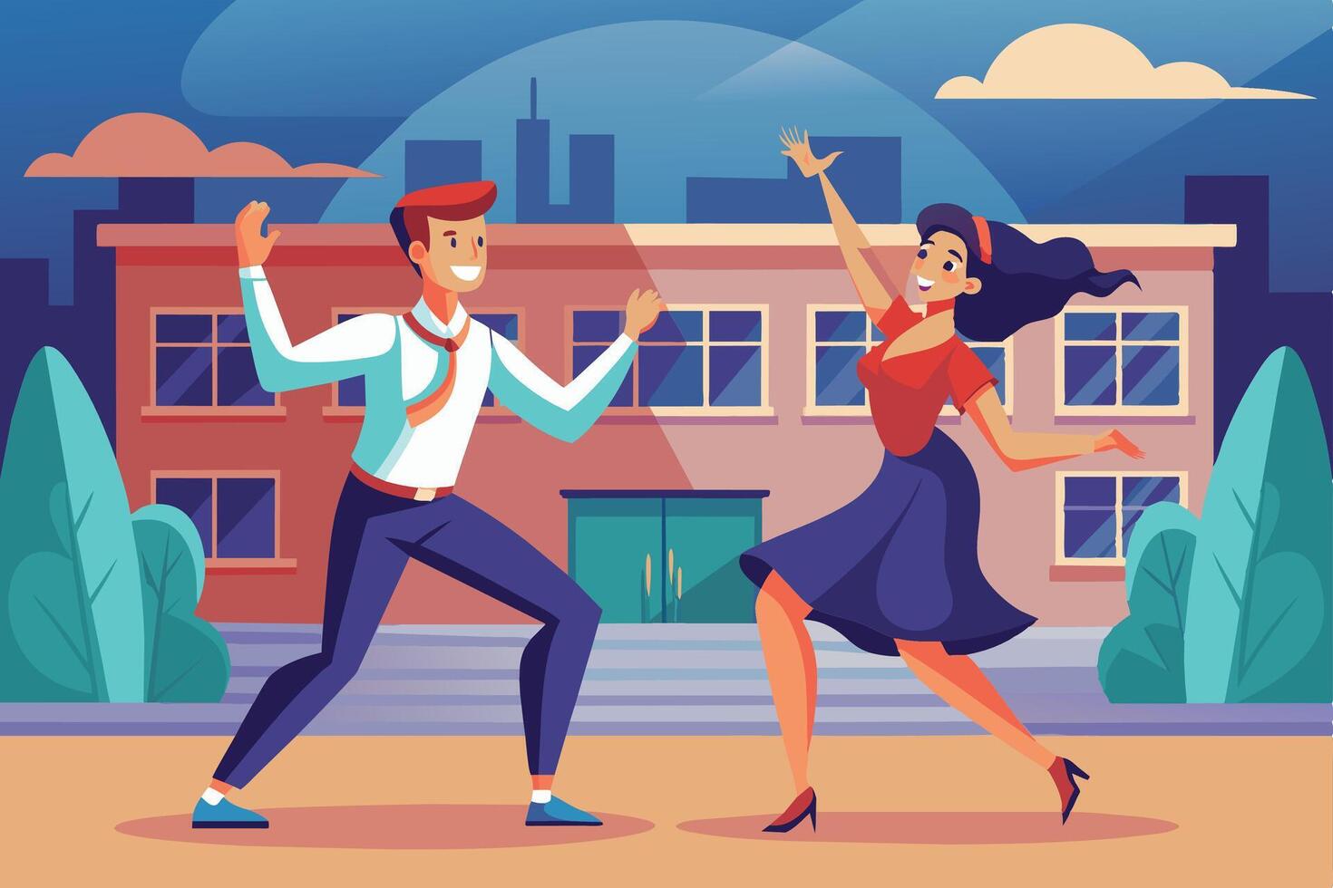 A man and woman are dancing in front of a building at night. The man is wearing a white shirt and blue pants, while the woman is wearing a red shirt and a blue skirt. vector