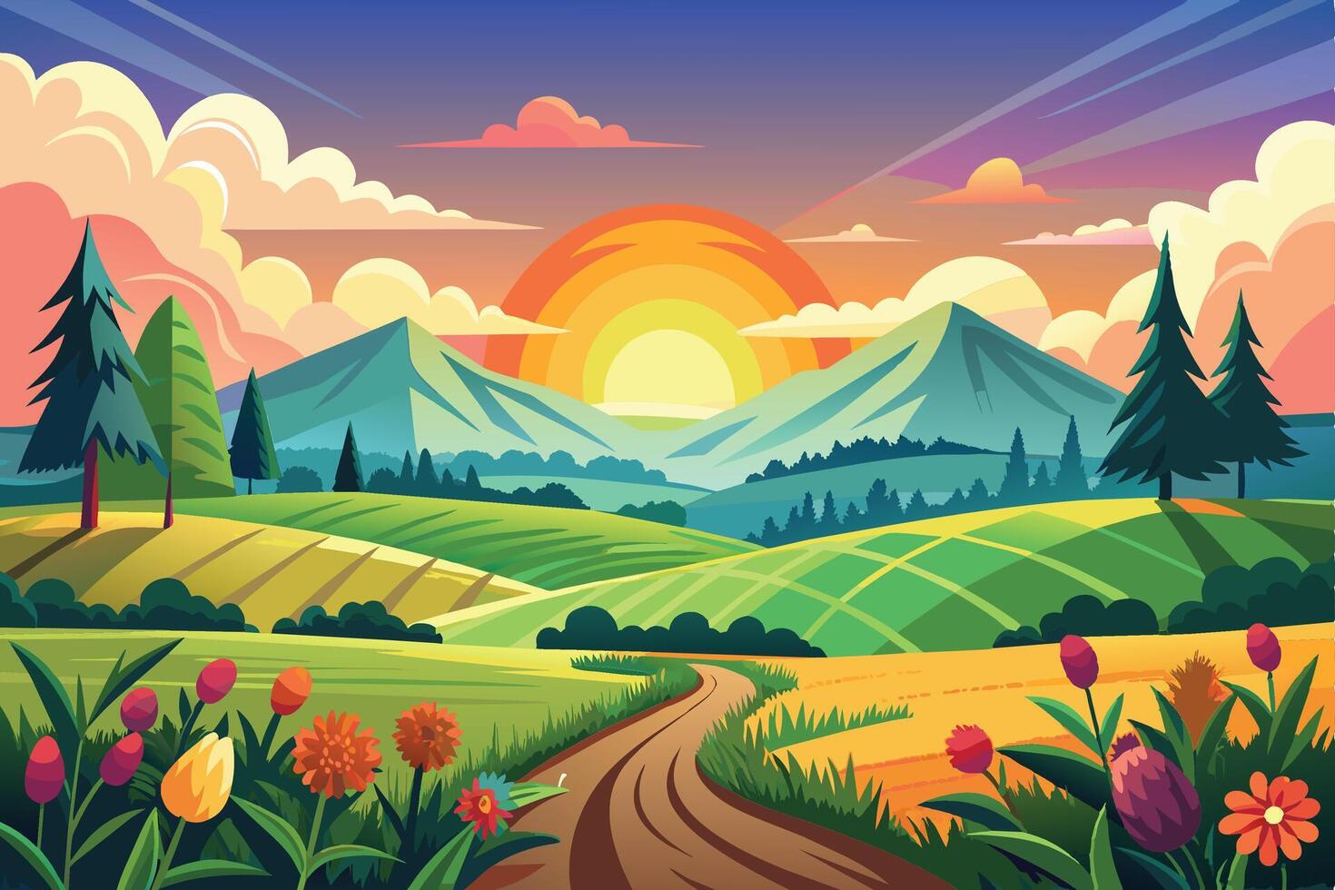 A vivid sunset over lush green hills with a winding path. The sun sets behind mountains, casting long shadows. vector