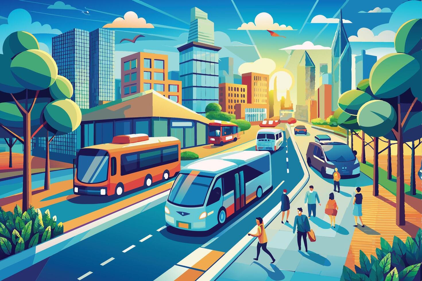 An illustration depicts a bustling city street with several buses and pedestrians walking along the sidewalk. Buildings tower in the background, and the sun is shining brightly. vector