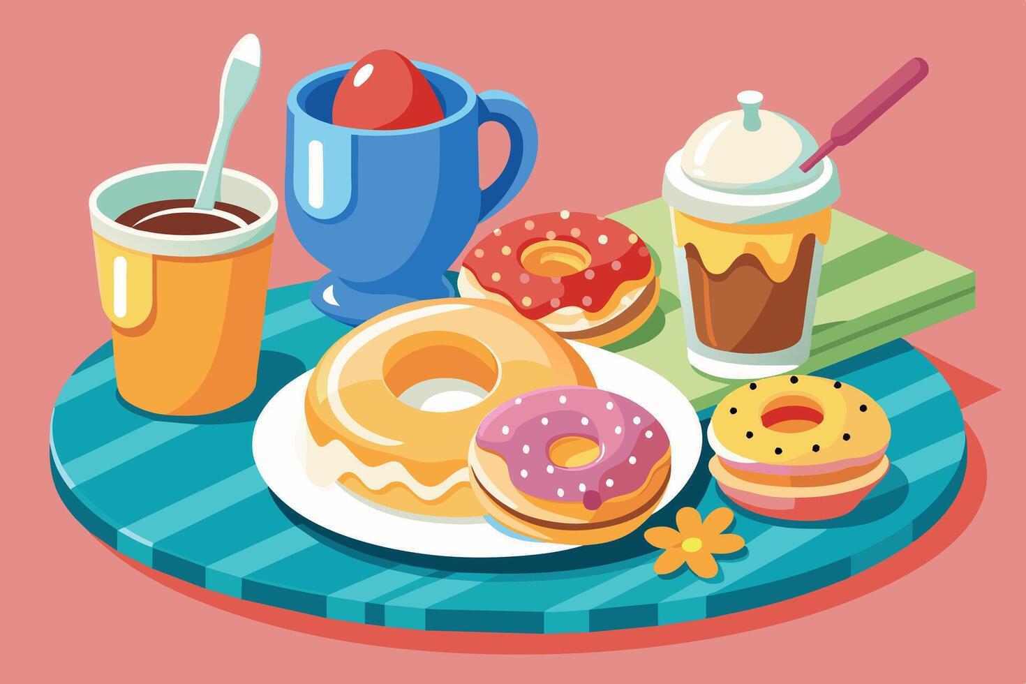 A cartoon illustration of a tray with a colorful variety of donuts, a cup of coffee, and an iced drink. vector
