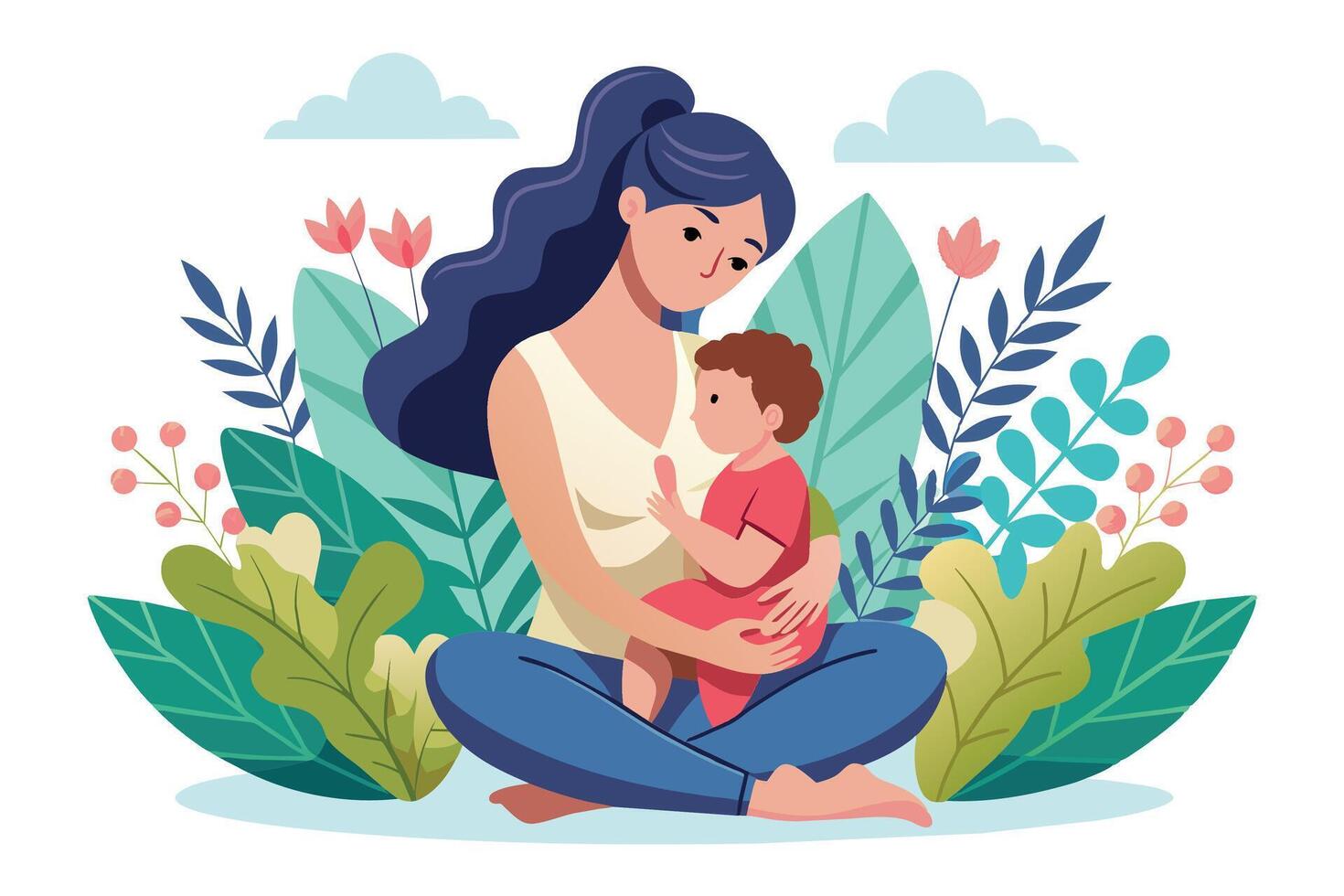 A mother lovingly holds her toddler in her lap, sitting amidst a vibrant garden. vector