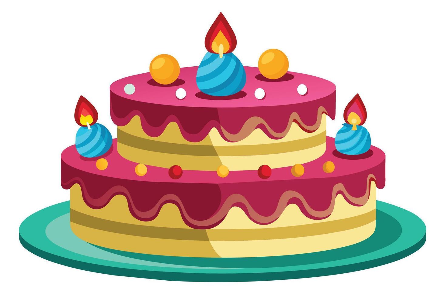 A festive two-tier birthday cake with lit candles and colorful sprinkles, sitting on a teal plate. vector