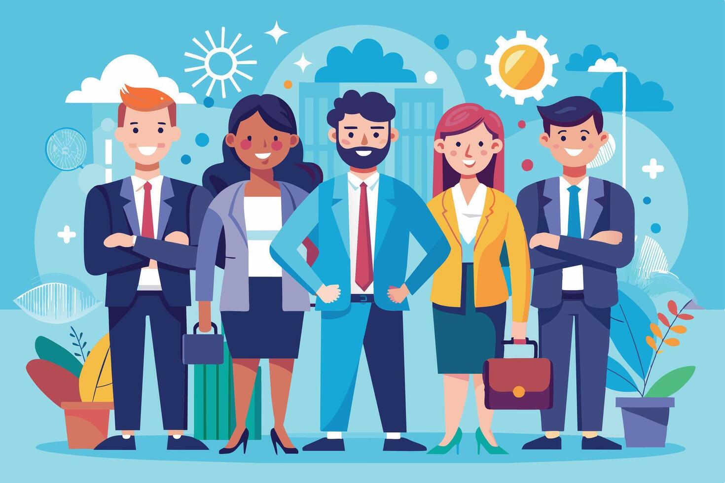 A group of diverse business professionals stand together in a modern office setting. They are all dressed in business attire and appear to be confident and successful. vector