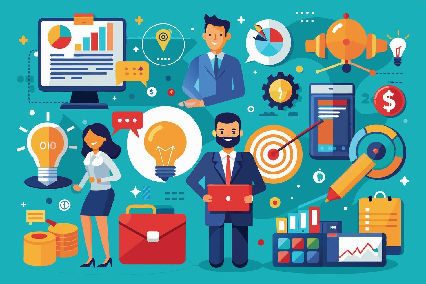 An illustration of business professionals working together on a new marketing strategy, utilizing data analytics, creative ideas, and technology. vector