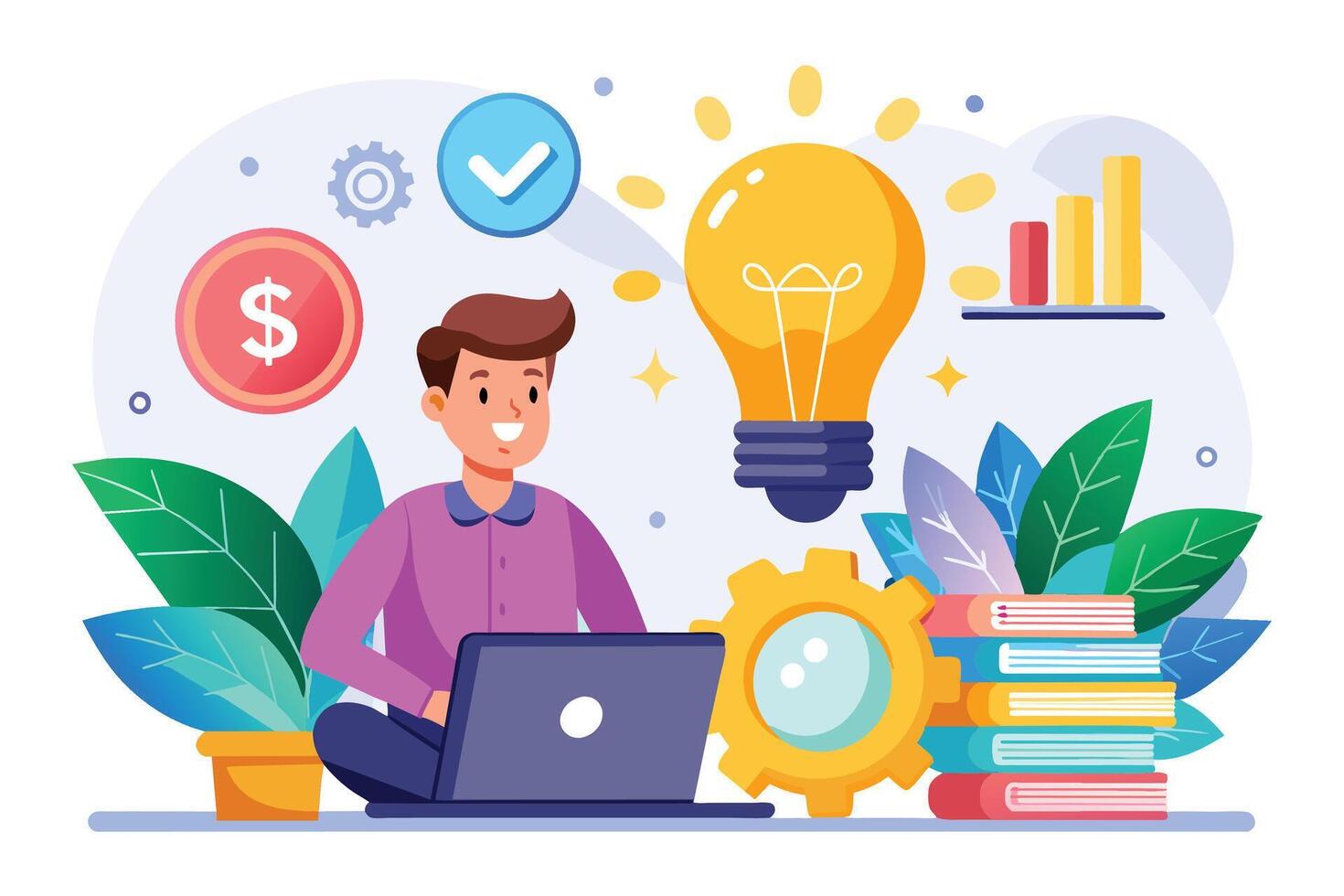 A man works on a laptop on the floor, symbols of success overhead. He is focused on his project, envisioning growth and new ideas. vector