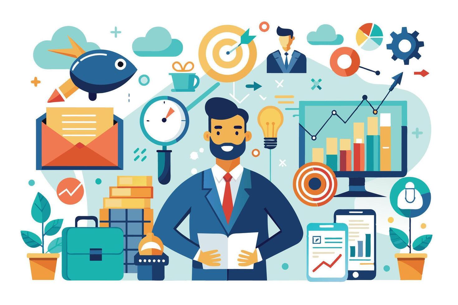 An illustration of a businessman reviewing data and analytics on a computer screen and a tablet, surrounded by icons depicting growth, success, and business. vector