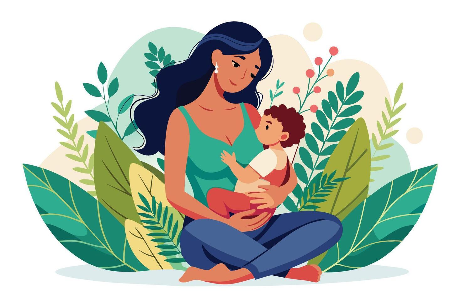 A digital illustration of a mother holding her baby in a seated position amidst green leaves, symbolizing the bond of motherhood. vector