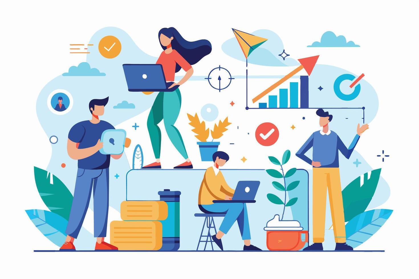 An illustration of four people working together with technology to achieve business growth, representing teamwork, innovation, and modern business. vector
