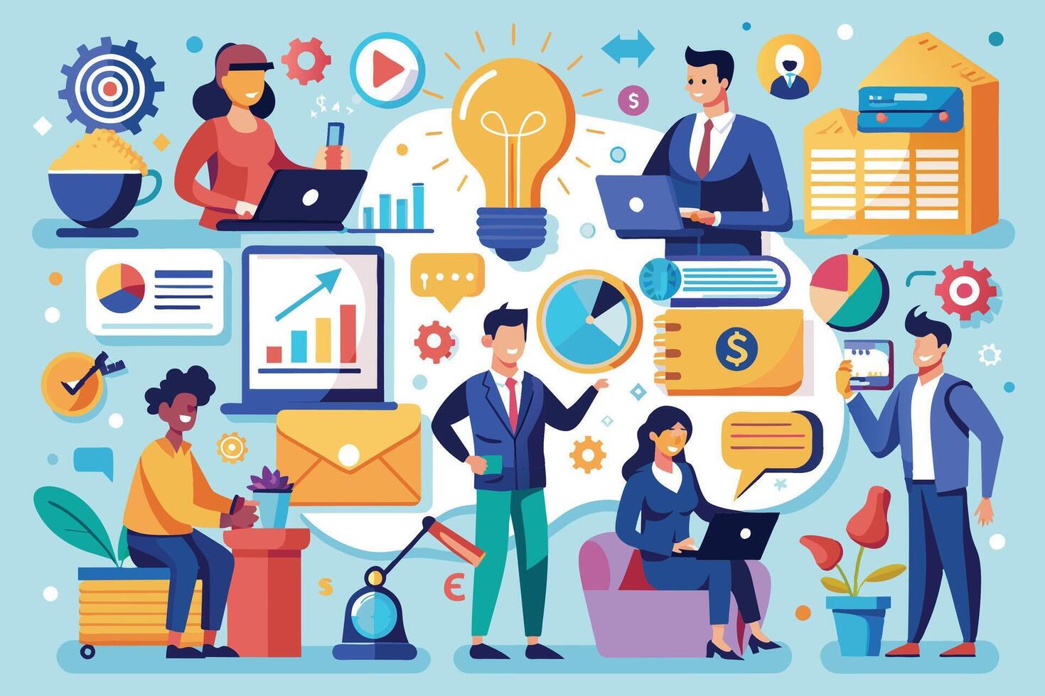 Colorful illustration of diverse professionals collaborating on business strategy, surrounded by symbols of ideas, data, and financial success. vector