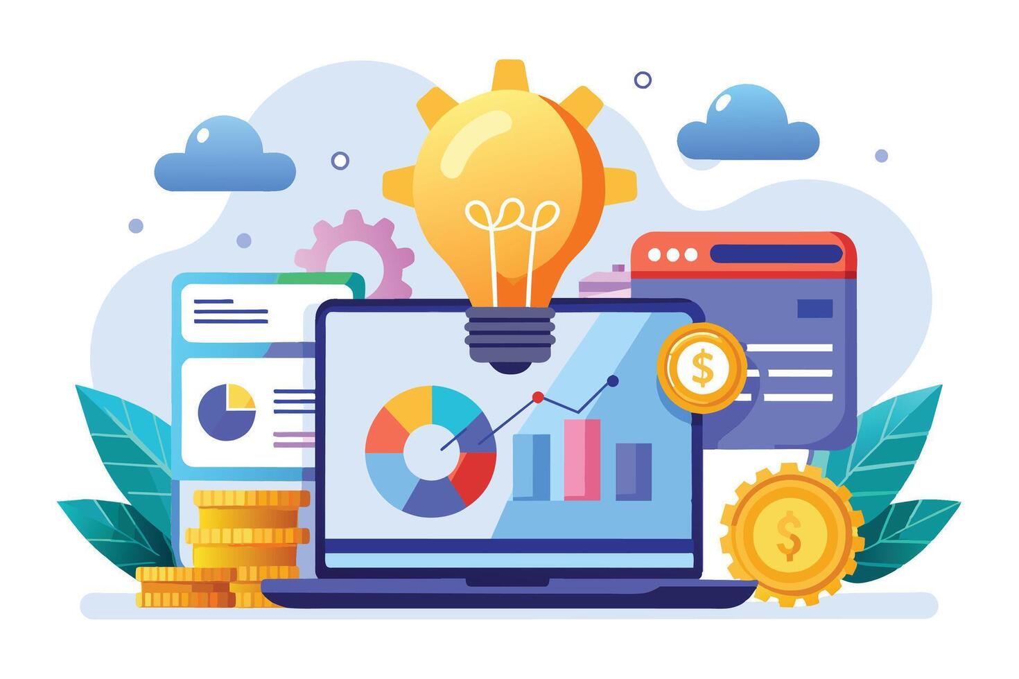 An illustration depicting a laptop screen displaying charts and graphs, a lightbulb representing ideas, and coins representing financial success. vector