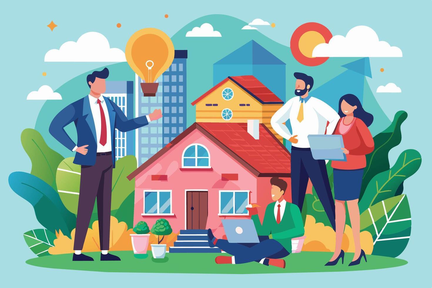 A group of professionals stand outside a suburban home, discussing real estate investment opportunities. A lightbulb above their heads represents a new idea. vector